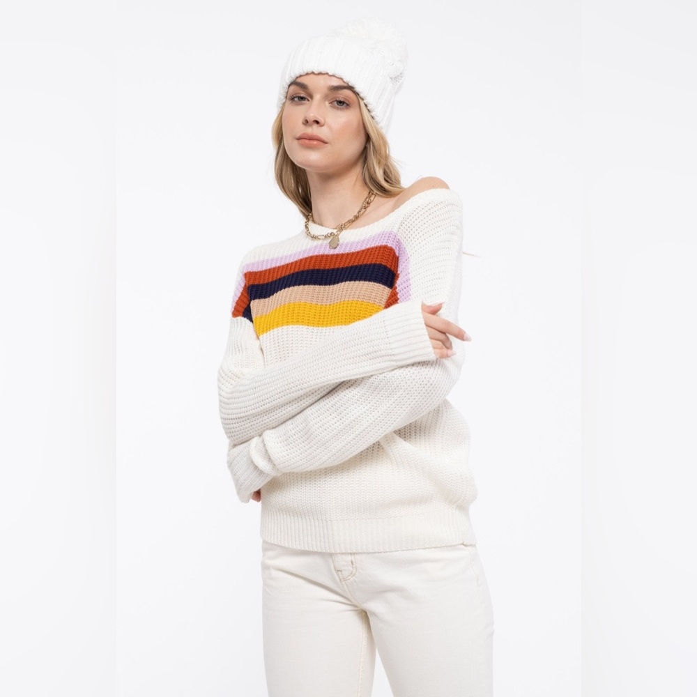 BLU PEPPER Multi-Color Striped Ivory Knit Sweater Womens Size LARGE NEW NWT - Picture 2 of 6